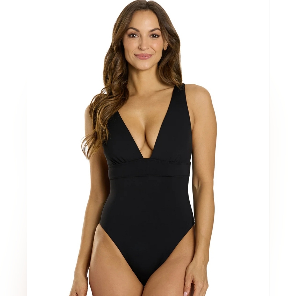 Lauren Ralph Lauren Sculpting Solid Modern V Neck One Piece Black Size 14